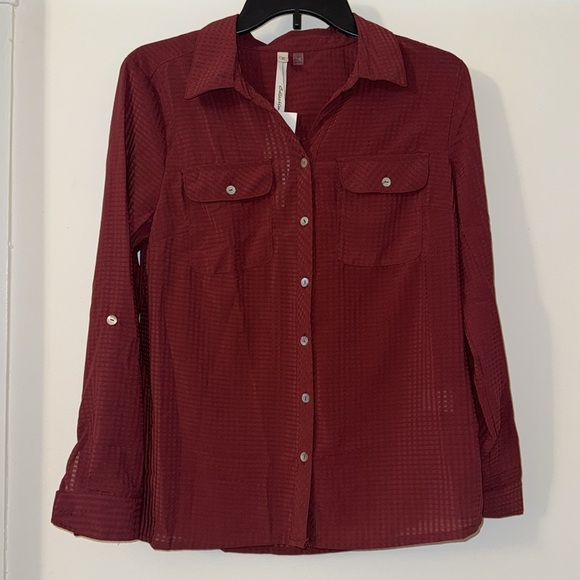 Ny Collection Petite 3/4 Sleeve Windowpane Blouse Wine NWT Size Small - Picture 5 of 14